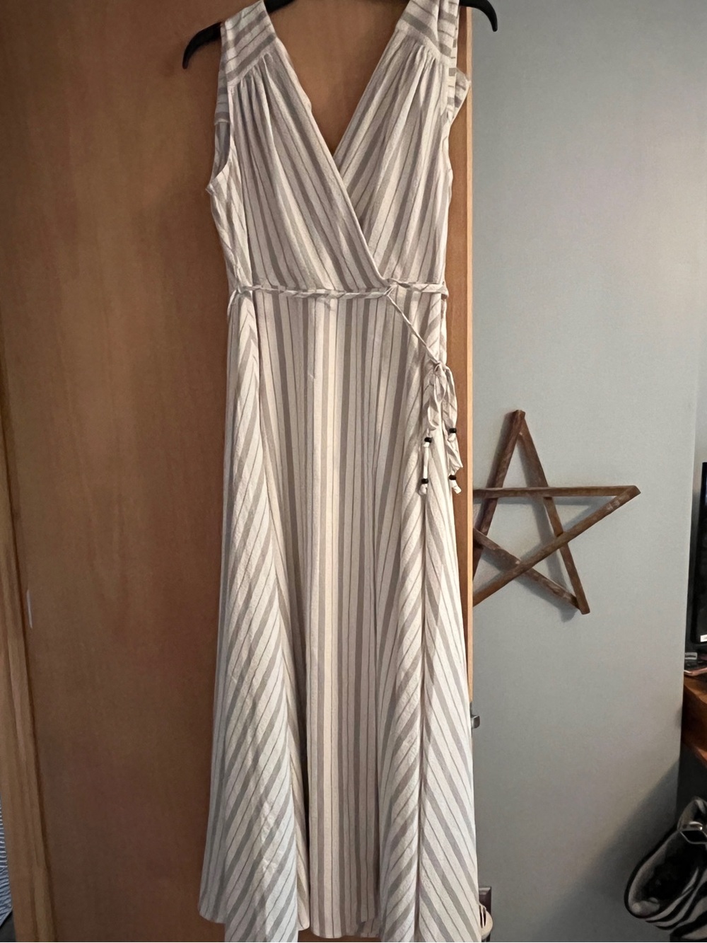 Calvin Klein Cream & Gray Striped Wrap Maxi Dress